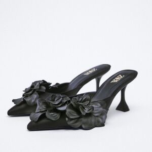 Zara Black Leather Floral Heel Mule